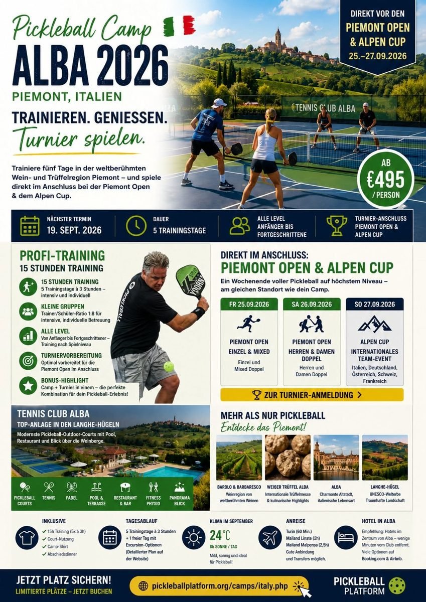 Pickleball Camp Alba 2026: Trainieren, genießen, Turnier spielen im Piemont