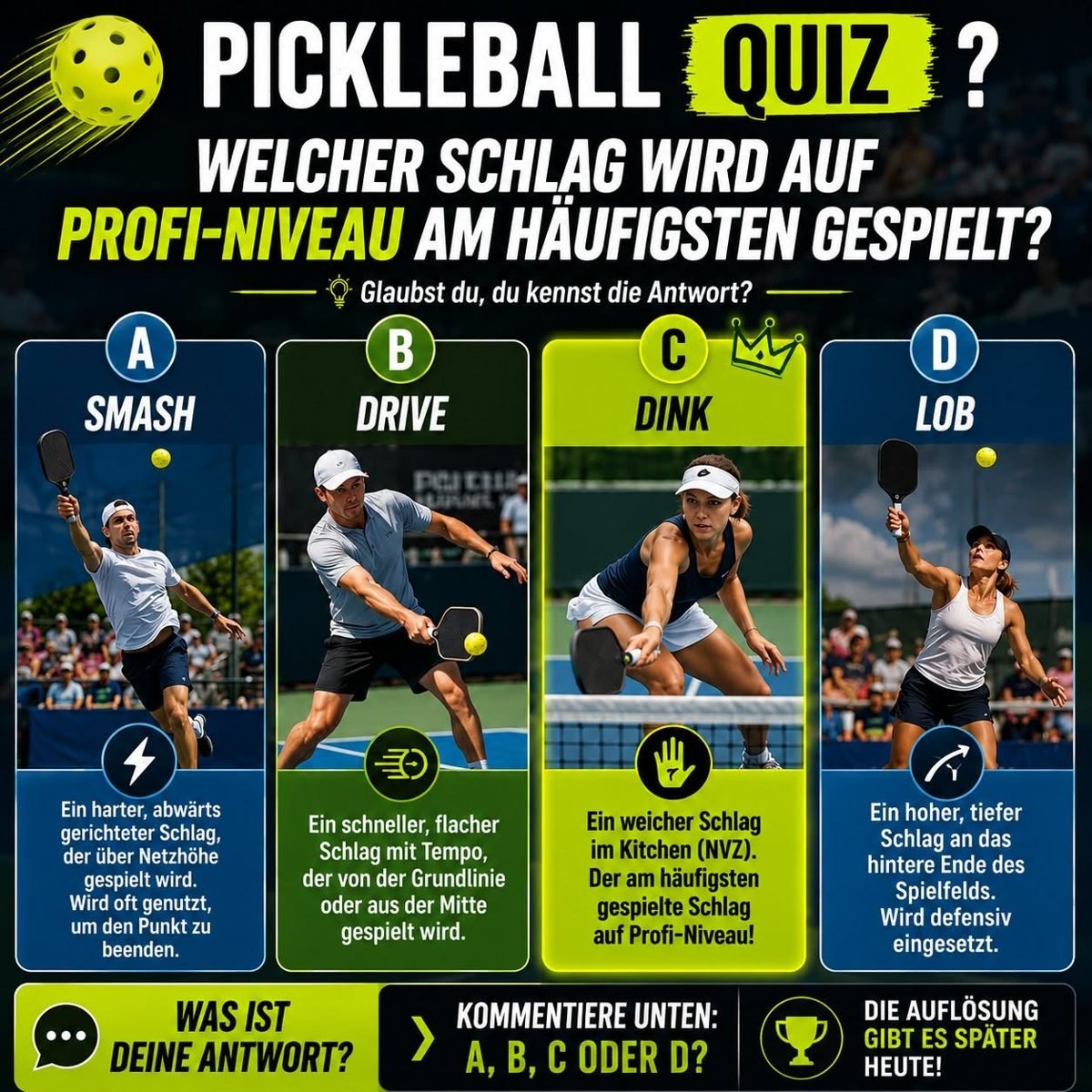 Pickleball-Quiz: Welcher Schlag wird auf Profi-Niveau am häufigsten gespielt?
